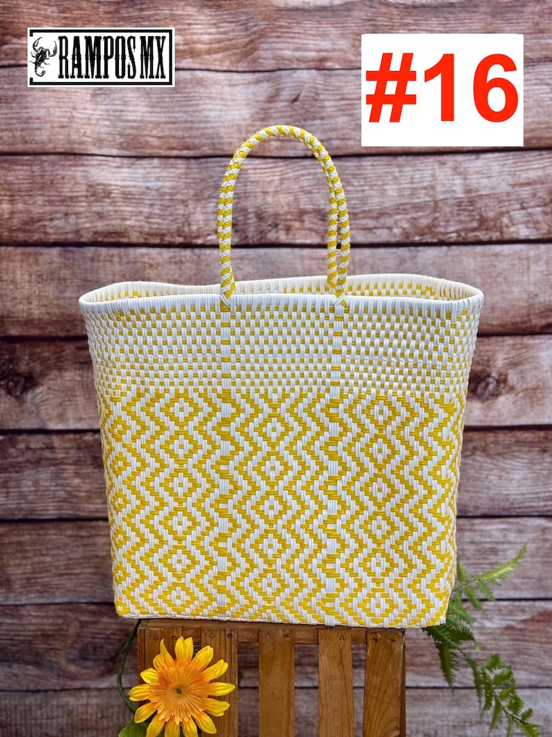 May include: Yellow and white woven tote bag with a geometric diamond pattern. The bag has a matching handle and the number 16 in red. The brand name "RAMPOS MX" is in the top left corner.