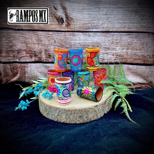 Mexican Hand painted Shot Glass ,Ceramic Clay Glass Mexican shooter ,Handmade painted shot, Tequilero mexicano, Tequilero de Mexico, Shooter