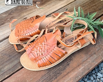 Womens Mexican Sandals, Handmade Leather Lace Up Sandals Huaraches, Sandalias Huaraches Mexicanos,Mexican leather Shoes Lace-up OPEN TOE BWN
