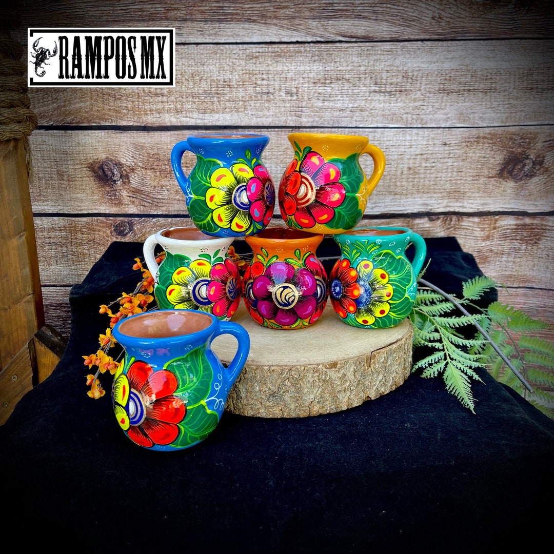 Beautiful Mexican Jarrito Mug Art , Handpainted Clay Pottery Floral