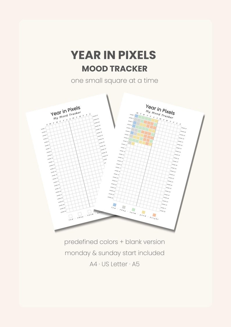 Year in Pixels Mood Tracker Printable | Wellness Journal (PDF A4/A5/US ...