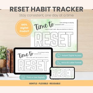 Puede incluir: Rastreador de hábitos digital con el texto "RESET" en letras grandes. La imagen incluye una tableta y un teléfono que muestran el rastreador, junto con el texto "Time to RESET". El diseño es suave, flexible y reutilizable.