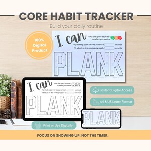 PLANK Habit Tracker Printable | Gentle Core Practice Planner | 5 Week Fitness Tracker PDF | Minimal Movement Routine
