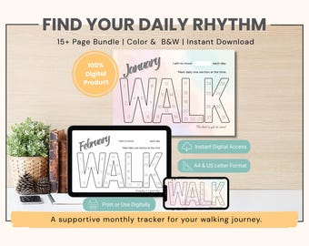 Monthly Walking Tracker Printable Bundle, A4 Walk Habit Log for Steps Miles or Minutes, Undated Soft Fitness Tracker, Gentle Movement Goal