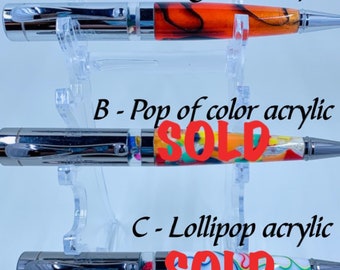 Handmade acrylic Kaleidoscope pens – Orange fire, Splash of color, and Lollipop acrylic.