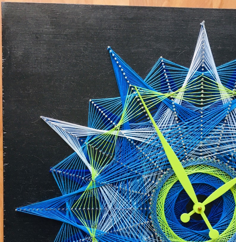 Homemade String Art Clock - Blues and Lime Green - Etsy