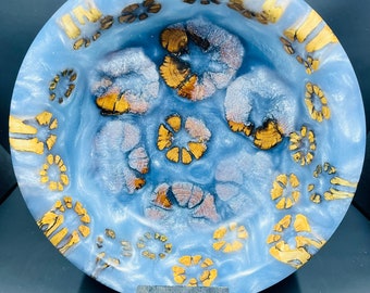 Cholla Cactus and sky blue resin bowl with a pine base