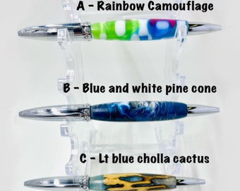 Handmade Duchess style chrome twist pens - Rainbow camouflage acrylic, Blue and white with pine cone, and lt blue cholla cactus acrylic