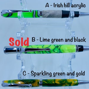 Handmade acrylic turned pens – Irish Hill comfort twist pen, Lime green and black executive pen, and slimline sparkling green and gold
