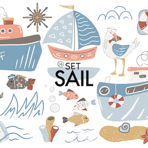 Clipart marynistyczny, żeglarstwo, żaglówka, ocean, morze, ryba, zestaw clipartów cyfrowych, pobieranie cyfrowe, grafika do druku