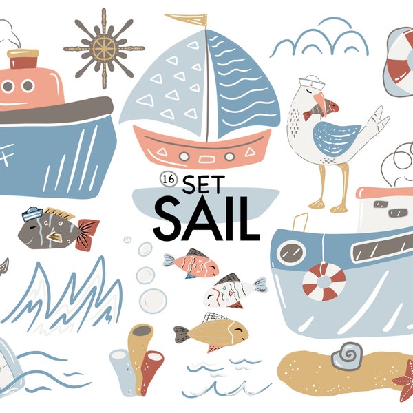Nautical Clipart, Sailing, Sail Boat, Ocean, Sea, Fish, Digital Clipart Set, Digital Download, Printable Graphics