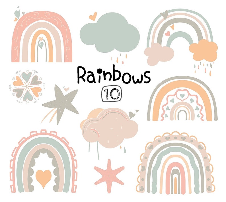 Rainbow Clipart, Pastel, Boho Clipart, Nursery Print, Digital Clipart ...