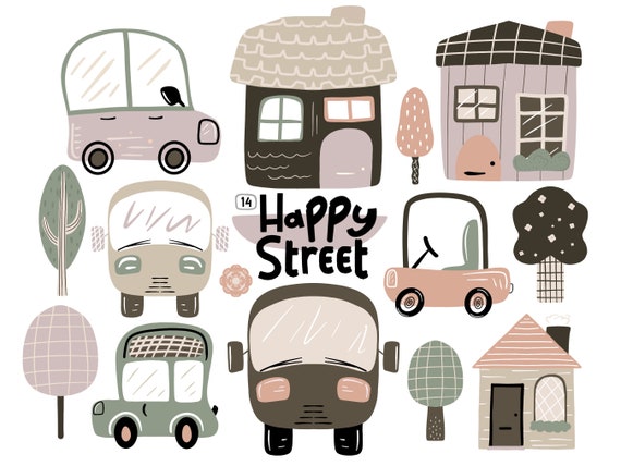 Buy Cars, Transport, Vehicle, Cute House Clipart, Village, Digital.