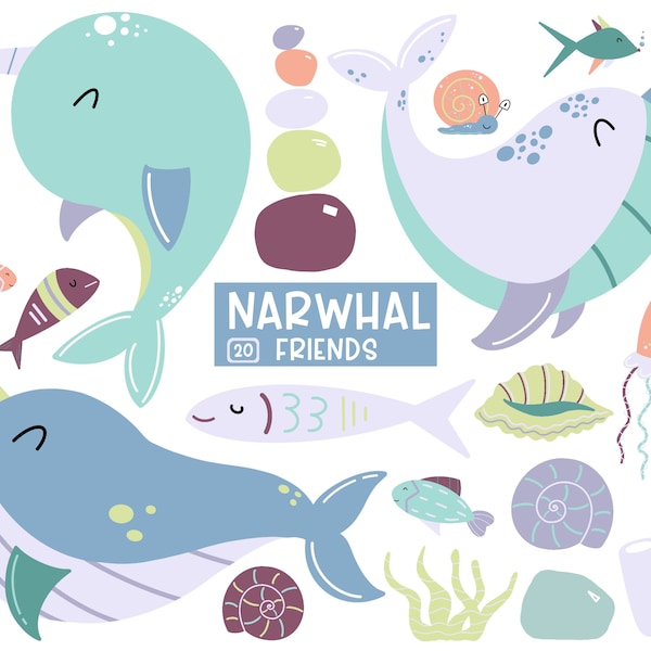 Narwhal Clipart, Cute Ocean Animals, Whale, Sea life, Fish, Digital Clipart Set, Digital Download, Printable Graphics