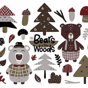 Woodland Bear Clipart, Cute Forest Animals, Digital Clipart Set, Digital Download, Printable Graphics