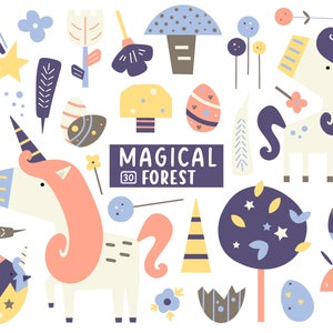 Cute Unicorn Clipart, Magical Forest, Fairytale Garden, Girls Unicorn Illustration, Digital Clipart Set, Nursery, Printable