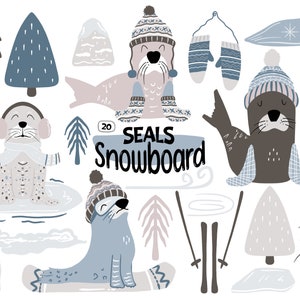 Winter Animal Clipart, Cute Arctic Seal, Snow, Skiing, Seasonal Clipart, Digital Clipart Set, Digital Download, Printable Graphics