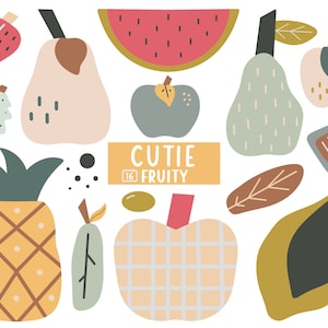 Fruits, clipart nourriture mignonne, pomme, poire, fraise, ananas, ensemble de graphiques numériques, clipart numérique, téléchargement immédiat