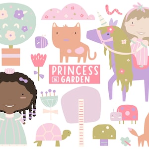 Cute Princess, Unicorn Clipart, Fairytale Garden, Digital Clipart Set, Nursery, Printable