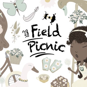 Cute Girl Clipart, Picnic Clipart, Flower Clipart, Bicycle Clipart, Digital Clipart Set, Digital Clipart, Instant Download