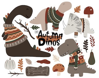 Autumn Dinosaur Clipart Set: Fall Dinos in Sweaters (Digital Download)