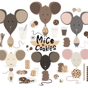 Maus Clipart, Süße Mäuse, Kekse und Milch, Tier Clipart, Food Illustration, Digitale Clipart Set, Digitaler Download, druckbare Grafiken