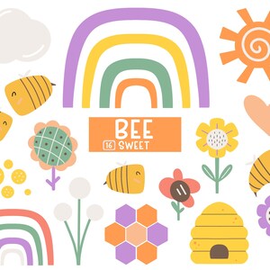 Bee, Spring Clipart, Garden, Rainbow Clipart, Spring Flowers, Digital Graphics Set, Digital Clipart, Instant Download