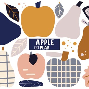 Könnte beinhalten: Ein Set aus bunten Illustrationen von Äpfeln und Birnen. Die Illustrationen sind in verschiedenen Stilen gehalten, darunter geometrisch, abstrakt und realistisch. Der Text "APPLE 16 PEAR" ist im Bild enthalten.