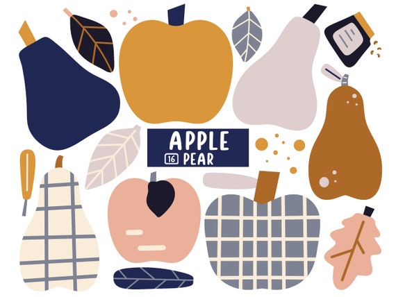 Fruit, Cute Food Clipart, Apple, Pear, Digital Graphics Set