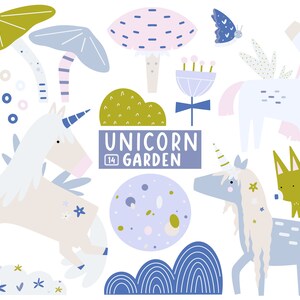 Cute Unicorn Clipart, Magical Forest, Fairytale Garden, Girls Unicorn Illustration, Digital Clipart Set, Nursery, Printable