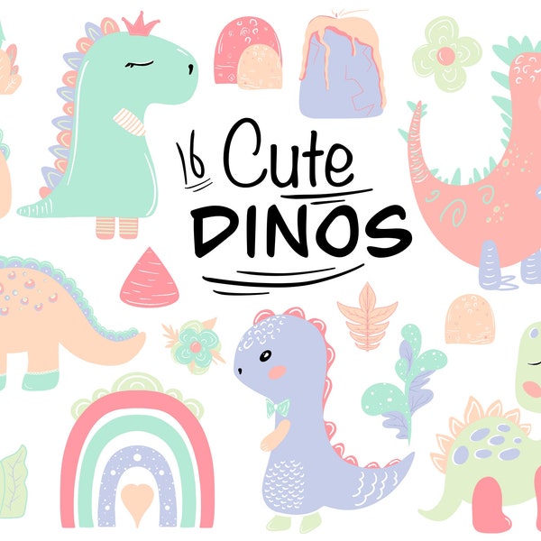 Cute Dinosaur clipart, Rainbow Clipart, Girly Clipart, Baby Girl, Digital Clipart Set, Digital Download, Printable Graphics