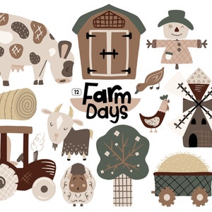 Farm Animal Clipart, Cute Farm Clipart, Scarecrow, Barn, Digital Clipart Set, Digital Clipart, Instant Download