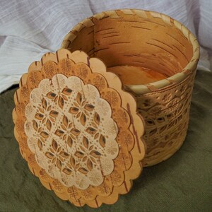 Geometic designed hand tooled leather & wood container with lid