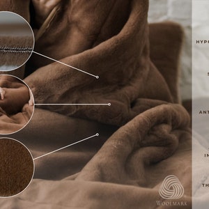 May include: A brown plush blanket with a person wrapped in it. The blanket is soft and fluffy, hypoallergenic, antibacterial, and provides thermal insulation. The blanket is made with a therapeutic effect. The image includes the text "WOOLMARK" and a logo.