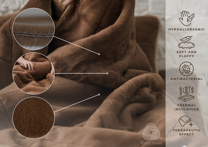 May include: A brown plush blanket with a person wrapped in it. The blanket is soft and fluffy, hypoallergenic, antibacterial, and provides thermal insulation. The blanket is made with a therapeutic effect. The image includes the text "WOOLMARK" and a logo.