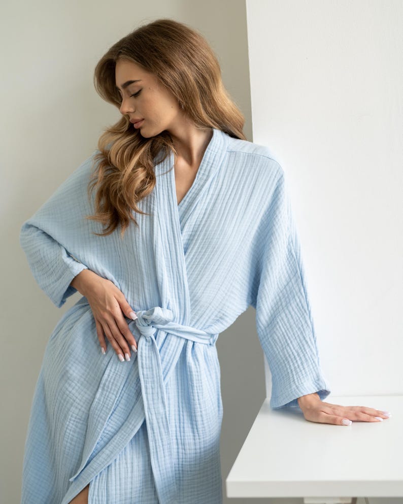 Light Blue Hotel Muslin Robe, Luxury Bath Robe, Cotton Waffle Robe ...