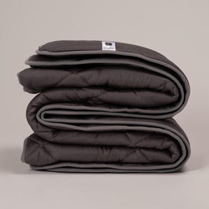 May include: A folded, dark gray blanket with a quilted pattern and a gray border. The blanket is stacked in a neat pile. A small white tag with the word "Woollen" is visible.