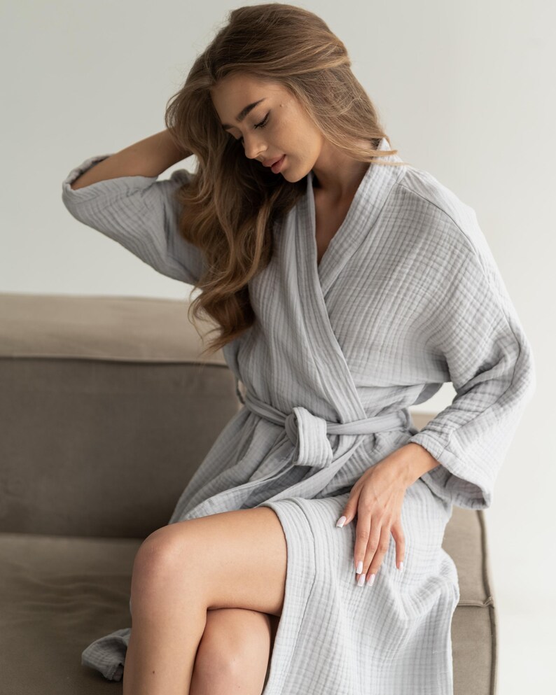 Gray Robe Gray Linen Waffle Robe, Bathroom Clothing, Natural Cotton Dressing Gown ...