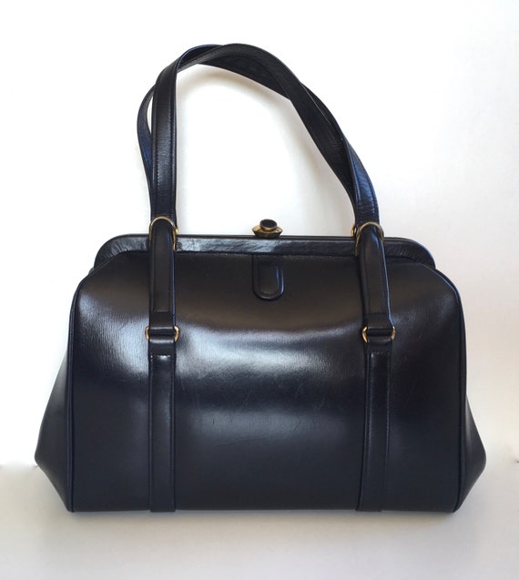 SALE Vintage 50s Navy Leather Bag Box Bag Speedy Bag by Bagraft