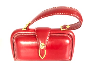 Vintage Rare Pillar Box Red Leather Top Handle bag by Susan of Bond Street with Gilt Postman's Lock Made in England