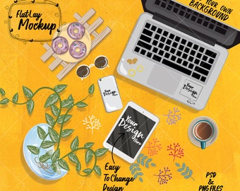 Download Lovely Illustrated Flatlay Mockup 03 Photoshop Layered Digital Custom Background Psd Template Psd With Smart Object High Res Png All Amazing Mockups Psd Templates PSD Mockup Templates