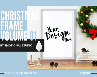 Download Free Christmas Frame mockup Volume 01 X-mas psoter gift for new year 2019 mock-up smart object PSD frames png digital posters empty xmas Styled PSD Template