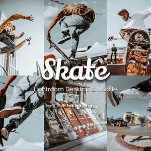 May include: A collection of Lightroom presets for editing photos with a skateboarding theme. The presets are designed for both desktop and mobile devices. The image shows a variety of skateboarders in different poses and settings. The presets are named "Skate" and are available for purchase.