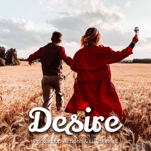 May include: A couple walks through a field of tall grass, the woman in a red coat and the man in a brown vest and jeans. The text "Desire" is written in a stylized font below them, with the words "Photoshop Actions & LUTs Filters" below that.