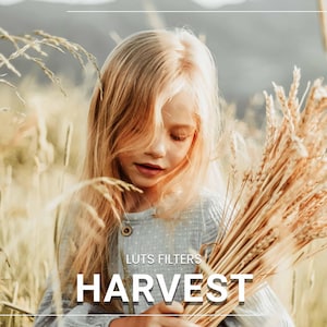May include: A young person with long blonde hair holds a bundle of wheat in a field. The image has a warm, golden color palette, with the word "HARVEST" in white text at the bottom. The words "LUTS FILTERS" are above the word "HARVEST".