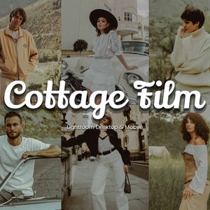 May include: A collage of images featuring people wearing vintage clothing and posing in various settings. The text "Cottage Film" is superimposed on the images, along with the phrase "Lightroom Desktop & Mobile".
