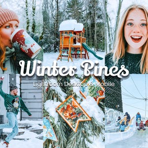 Op de afbeelding: Een collage van winterse afbeeldingen met een vrouw in een roze muts die uit een koffiebeker drinkt, een houten speeltoestel bedekt met sneeuw, een persoon in een groene trui die een sneeuwbal gooit, een close-up van een kerstboom met ornamenten en een groep mensen die van een ijsglijbaan glijden. De tekst "Winter Pines Lightroom Desktop & Mobile" wordt in het midden van de collage weergegeven.