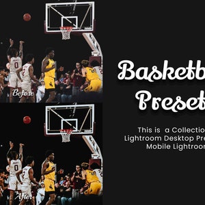 May include: Before and after images of a basketball game. The image shows a group of basketball players in yellow and black uniforms playing on a court. The image on the left shows the original image, while the image on the right shows the image after applying a preset. The text "Basketball Presets" is displayed in white on a black background. The text "This is a Collection of Lightroom Desktop Presets, & Mobile Lightroom" is displayed below the text "Basketball Presets".