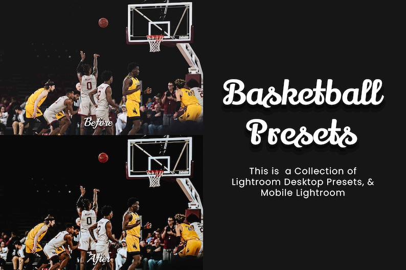 May include: Before and after images of a basketball game. The image shows a group of basketball players in yellow and black uniforms playing on a court. The image on the left shows the original image, while the image on the right shows the image after applying a preset. The text "Basketball Presets" is displayed in white on a black background. The text "This is a Collection of Lightroom Desktop Presets, & Mobile Lightroom" is displayed below the text "Basketball Presets".
