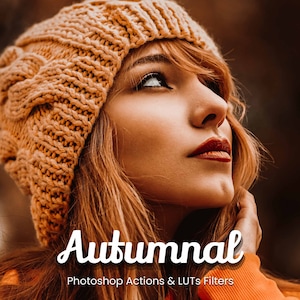 May include: A woman with long, auburn hair wearing a knitted beanie and a bright orange sweater. The text "Autumnal" is written in a white, stylized font with the words "Photoshop Actions & LUTs Filters" below it.